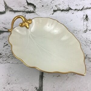 VINTAGE Lenox Ivory Leaf Shaped Candy Nut Dish Hand Decorated W/ 24K Gold Trim